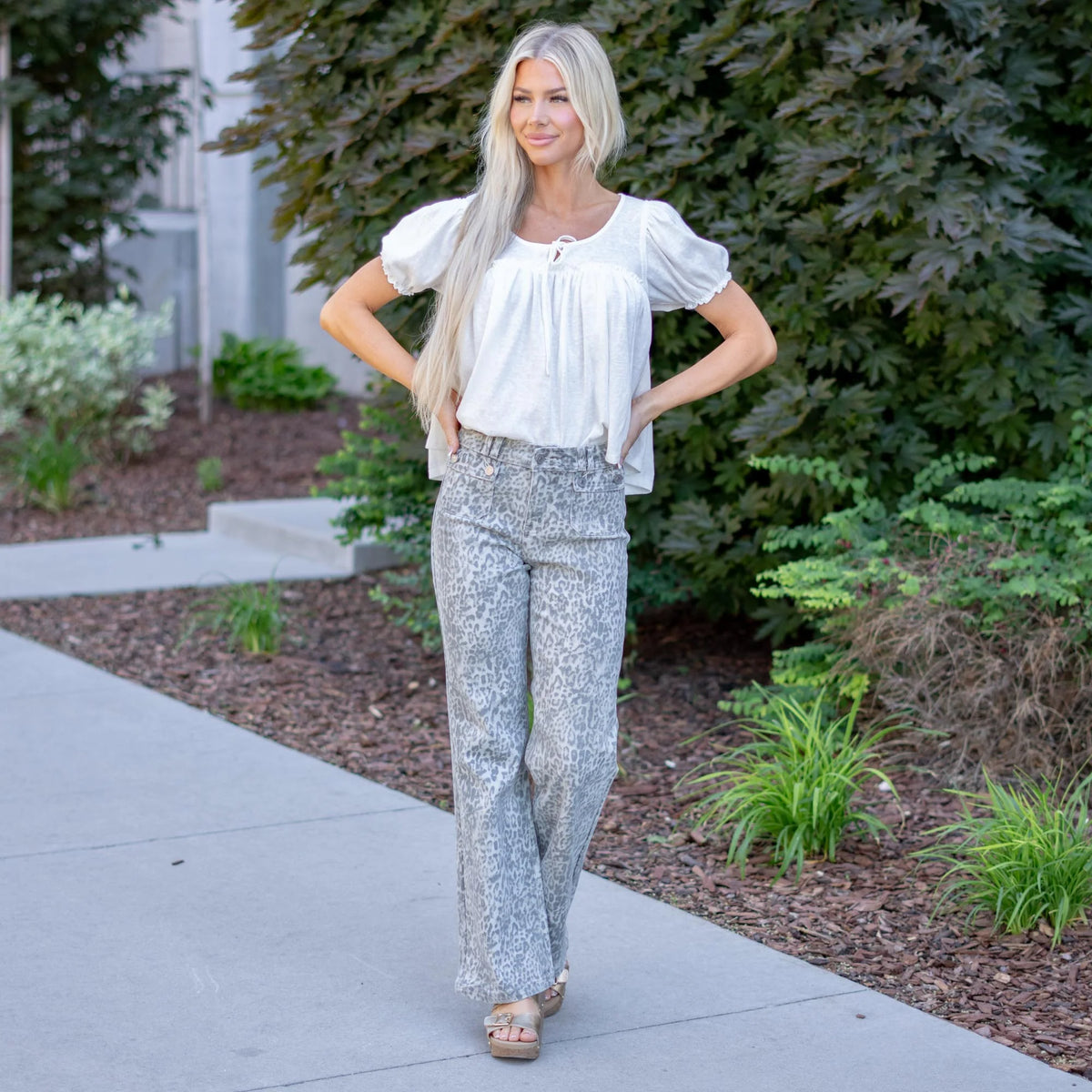 KanCan High Rise Wide Flare Jeans with Leopard Print