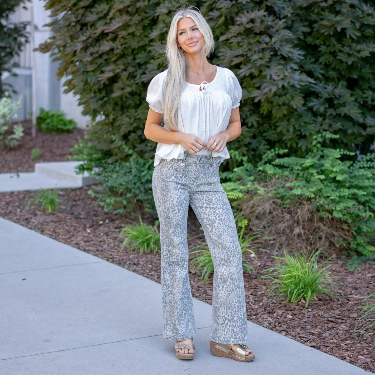 KanCan High Rise Wide Flare Jeans with Leopard Print