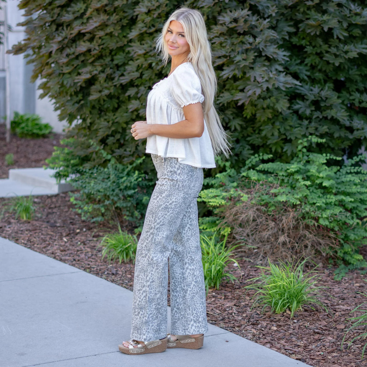 KanCan High Rise Wide Flare Jeans with Leopard Print
