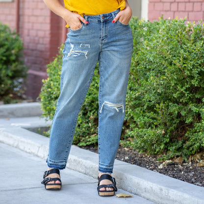 Judy Blue Revival Mid Rise Boyfriend Patch & Repair Jeans Regular & Plus Sizes