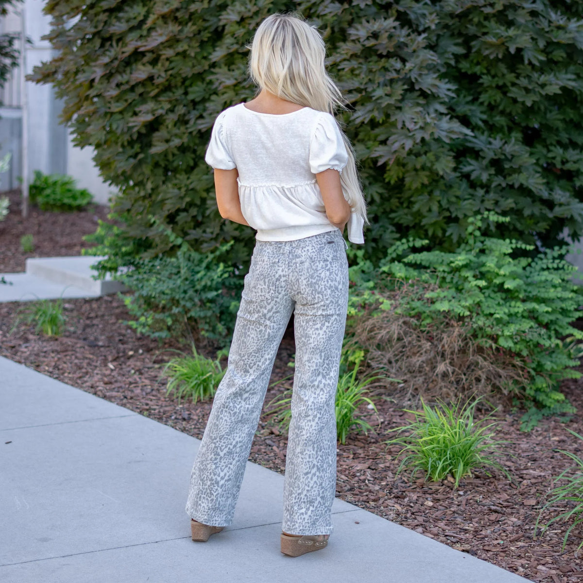 KanCan High Rise Wide Flare Jeans with Leopard Print