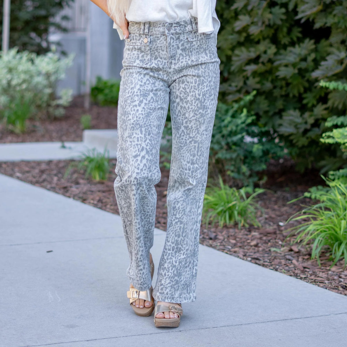 KanCan High Rise Wide Flare Jeans with Leopard Print