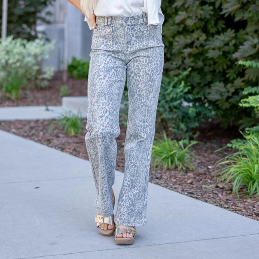 KanCan High Rise Wide Flare Jeans with Leopard Print