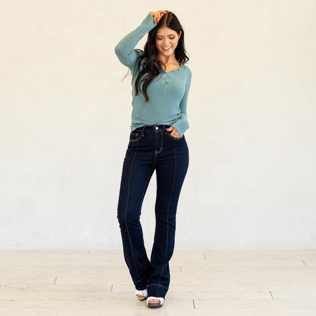 Lovervet Cohesion High Rise Pin Tuck Trouser Bootcut Jeans Dark Blue Wash