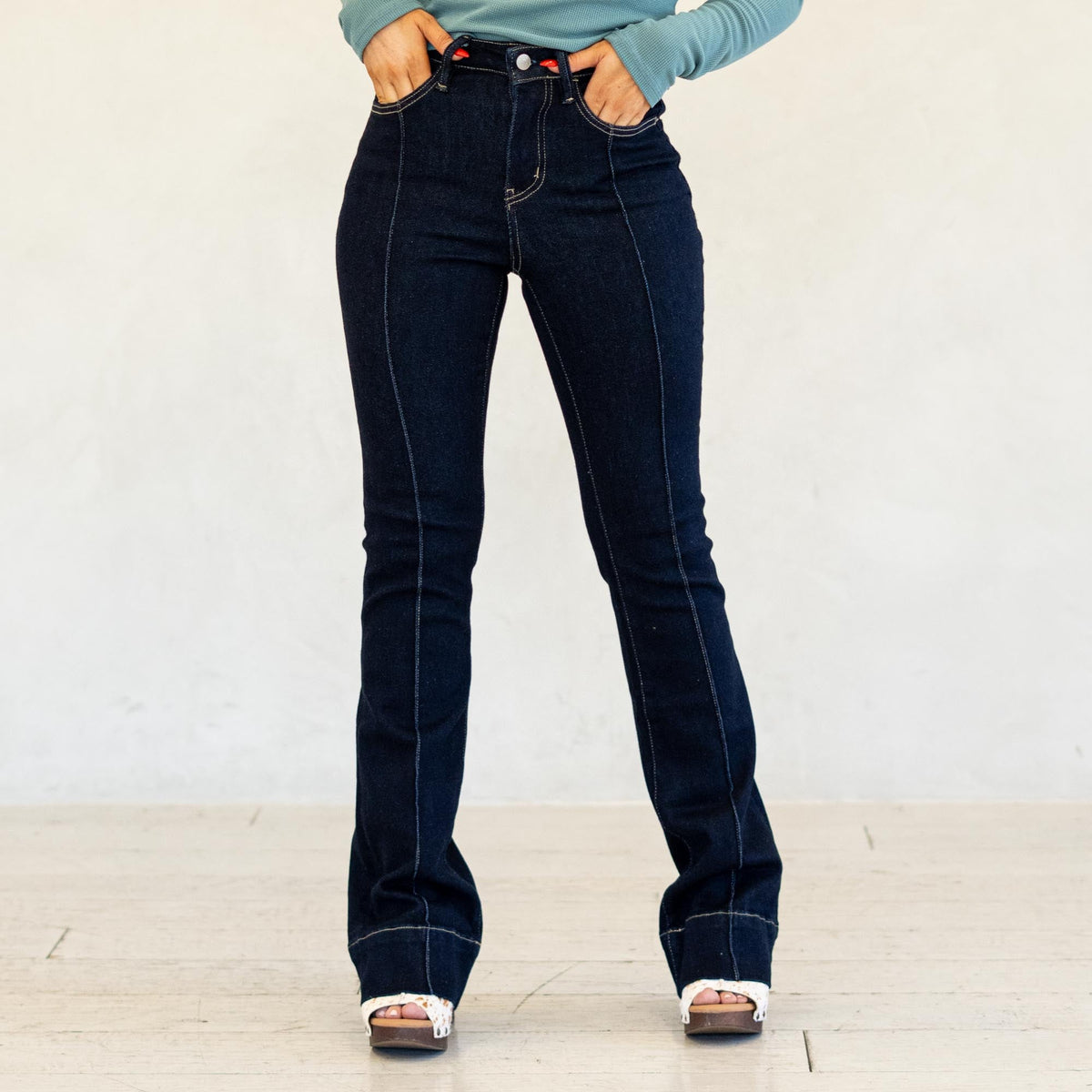 Lovervet Cohesion High Rise Pin Tuck Trouser Bootcut Jeans Dark Blue Wash