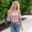 Blu Ivy Button Off Shoulder Peplum Crop Top Dusty Pink