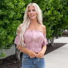 Blu Ivy Button Off Shoulder Peplum Crop Top Dusty Pink
