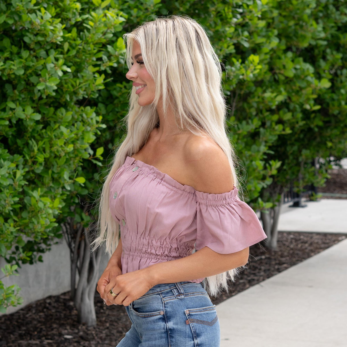 Blu Ivy Button Off Shoulder Peplum Crop Top Dusty Pink