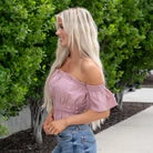 Blu Ivy Button Off Shoulder Peplum Crop Top Dusty Pink