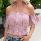 Blu Ivy Button Off Shoulder Peplum Crop Top Dusty Pink