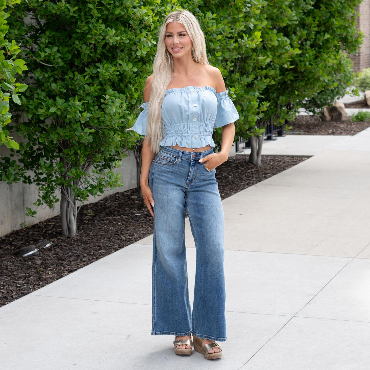 Blu Ivy Button Off Shoulder Peplum Crop Top Chambray